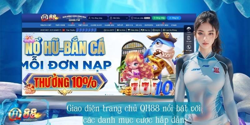 Giao diện trang chủ QH88 nổi bật với các danh mục cược hấp dẫn.