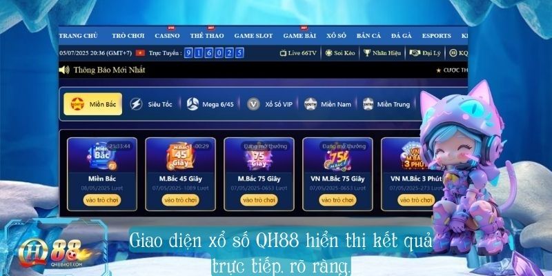 Giao diện xổ số QH88 hiển thị kết quả trực tiếp, rõ ràng.